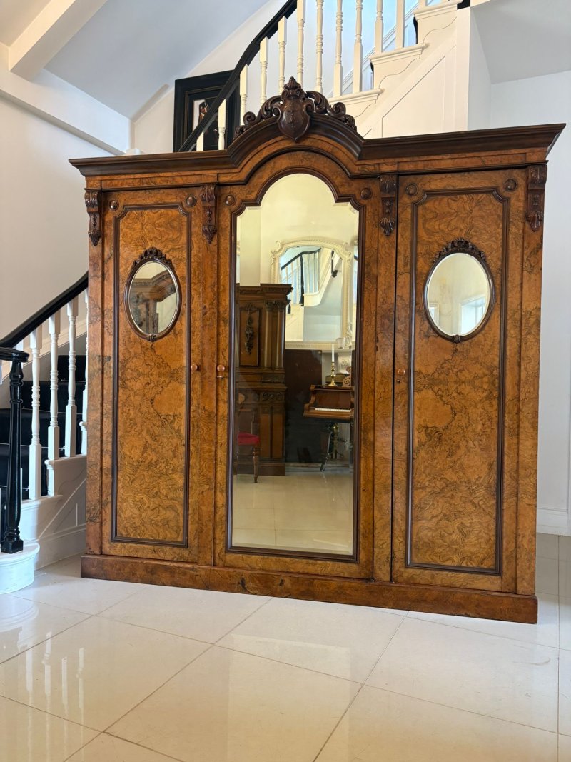 Outstanding Quality Large Antique Victorian Unusual Carved Burr Walnut 3 Door Wardrobe